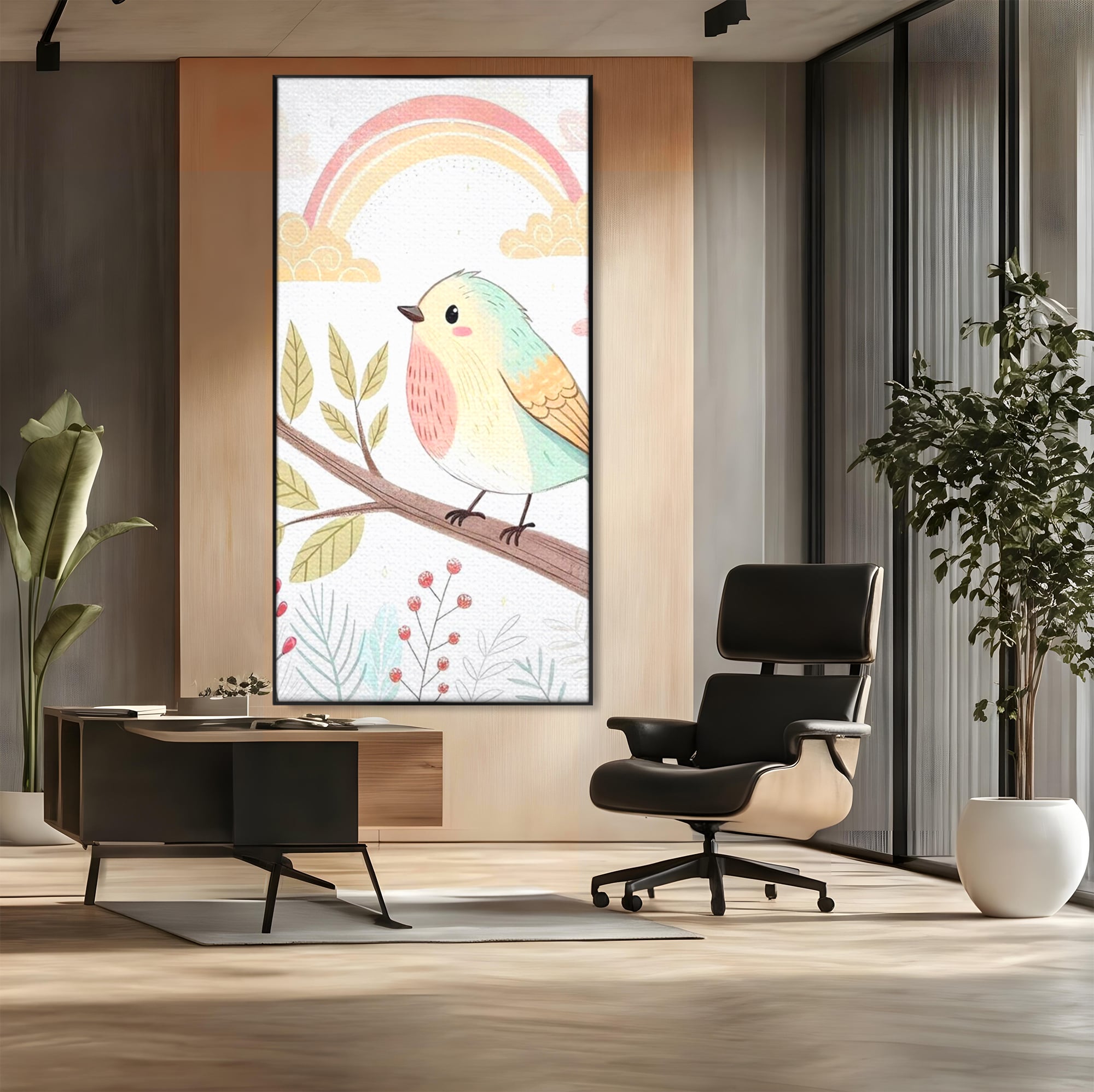 Tablou canvas cu tablou canvas cu pasare pe ramura, in rama de aluminiu negru, pe perete intr-un birou